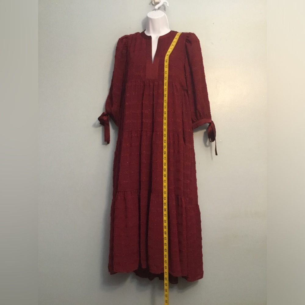 English Factory Burgundy Maxi Dress with Tie Sleeves - Picture 4 of 13